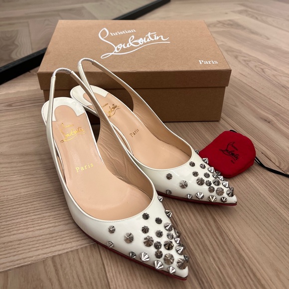 Christian Louboutin Shoes - Christian Louboutin White Studded Slingback Heels with Red Soles